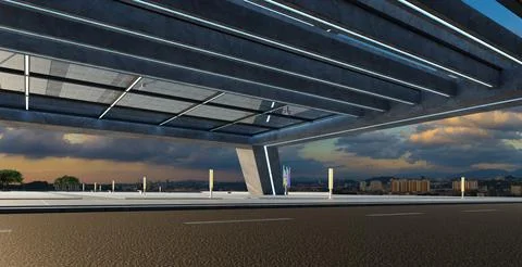 Perspective view of empty street and modern rooftop building Ilustración de archivo