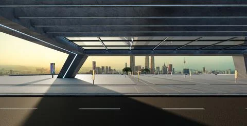 Perspective view of empty street and modern rooftop building Ilustración de archivo