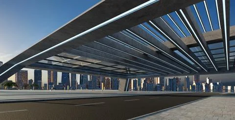 Perspective view of empty street and modern rooftop building Ilustração Stock
