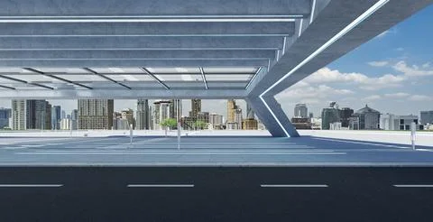 Perspective view of empty street and modern rooftop building Ilustración de archivo