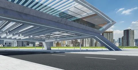 Perspective view of empty street and modern rooftop building Ilustración de archivo