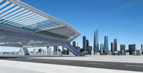 Perspective view of empty street and modern rooftop building Ilustración de archivo