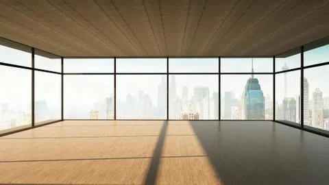 Perspective view of empty wood floor and cement ceiling interior with city sk Stock Photos