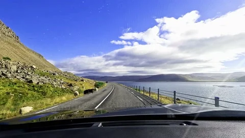 Perspective view of Iceland ring road with natural lanscape from driver's Stock Footage 226541448