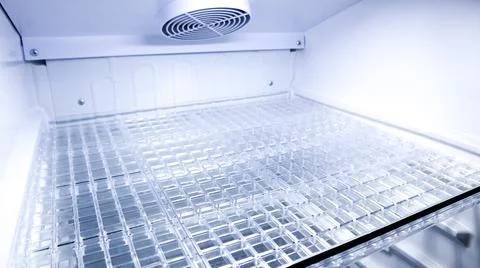 Perspective view inside an empty clean refrigerator looking from the right .. Stock Photos