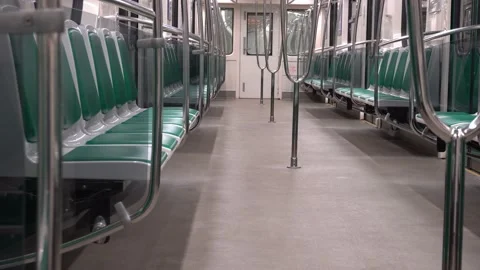 Perspective up view interior of moving subway car. Empty underground wagon. Stock Footage 135539470