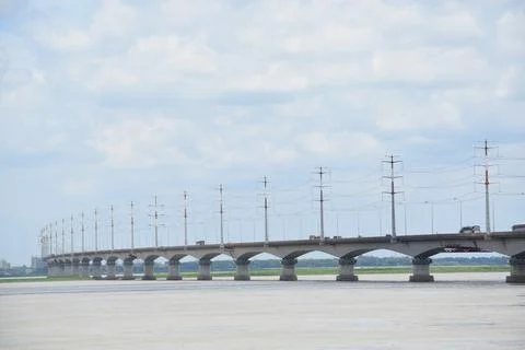 Perspective View of Jamuna Bridge with High Voltage Power Lines Stock Photos