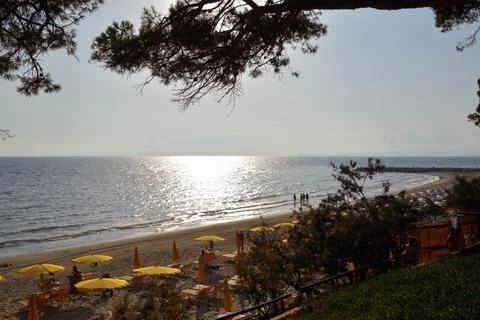 A perspective view of a large sea beach where tourists rest. Rows of sunbed Stock Photos