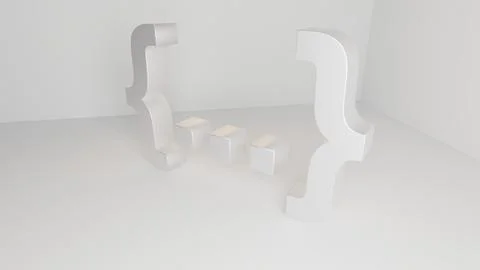 Perspective view of large white curly braces in installation scene Illustrazione stock