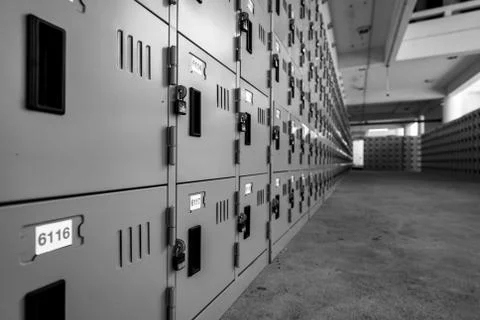 Perspective view of locker with lock and numbered white tags at locker room.  库存照片
