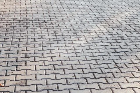 Perspective View Monotone Gray Brick Stone Pavement on The Ground for Street 写真素材