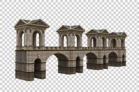 Perspective view of old stone bridge with covered arches. 3D illustration i.. Illustrazione stock