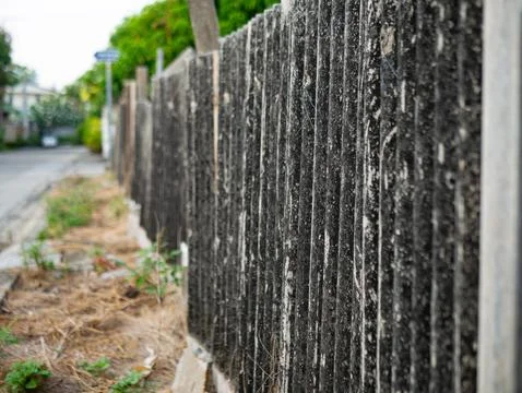 Perspective view of old weathered corrugated fence along a street with gree.. Foto stock