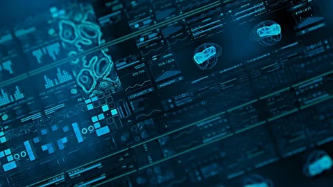 Perspective view with out of focus areas of futuristic interface/Digital screen Stock-Footage 81617556