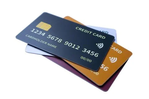Perspective view of overlapping multi-colored credit and debit cards on a w.. Stock Photos