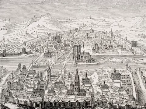 Perspective View Of Paris In 1607. Facsimile Of A Copperplate By Leonard Caul Stock Photos