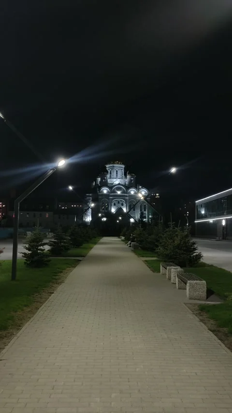 A perspective view of a paved park walkway at night leading towards a distan Stock Footage 334062054