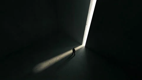 Perspective view of Person go to the opened concrete doors with lights Stock Footage 166946975