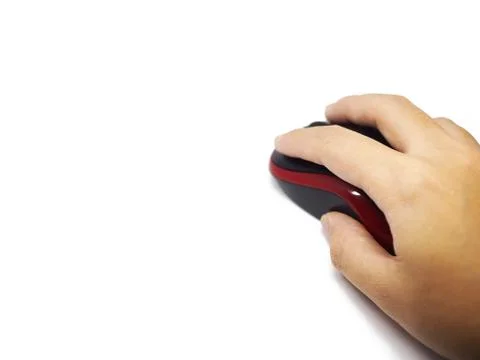 Perspective view right hand clicking black red mouse, white background isolated 库存照片