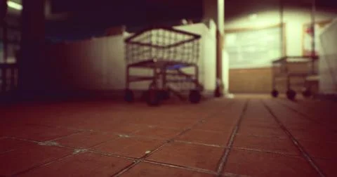 Perspective view of shopping carts on tiled floor in a quiet market Ilustração Stock