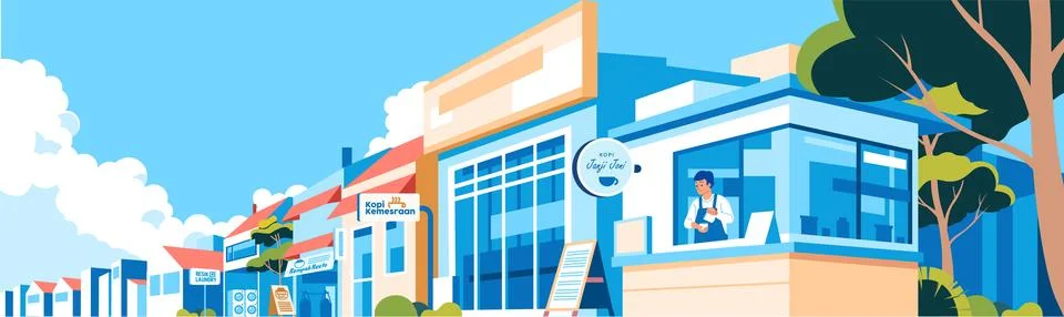 Perspective view shops store buildings food and beverage business area district Ilustración de archivo