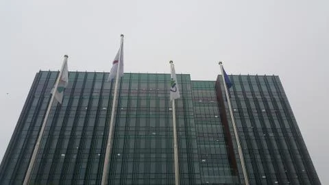 Perspective view of a skyscraper building with flags in front of it. Stock Photos