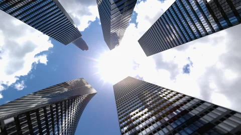 Perspective view to steel light blue of glass building skyscraper city. Business Stock Footage 141382545