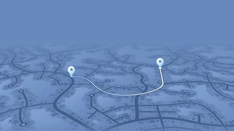 Perspective view of stylized city streets in blue tones showing a white route Stock Illustration