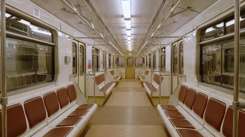 Perspective up view of subway car. Moscow metro. Empty metro wagon lately in Stock Footage 111133571