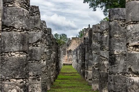 Perspective view through the ancient stone columns of the Group of a Thousand Co Stock Photos