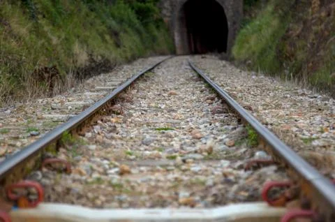 Perspective view of train tracks that goes over the Teatinos river, in the hi Foto stock