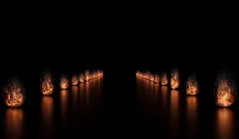 Perspective View of Two Rows of Fire - 3d illustration Stock Illustration