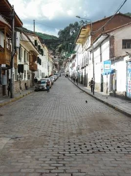 Perspective view of a typical street in Cusco Stock Photos