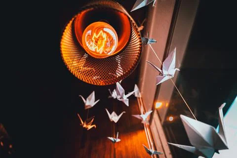 Perspective view from underneath of several origami swans hanging from the roof Stock Photos