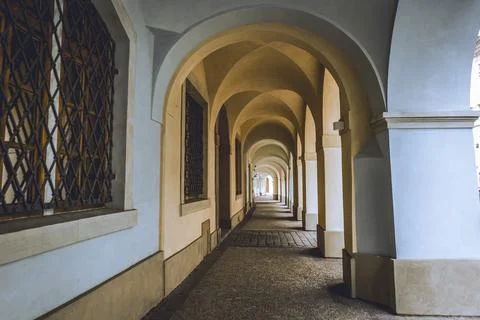 Perspective view of vaulted historic arcade corridor on Loretanska street i.. Stock Photos