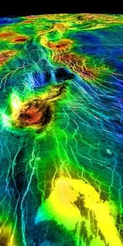 This perspective view of Venus, generated by computer from NASA s Magellan... Stock Photos