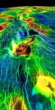 This perspective view of Venus, generated by computer from NASA s Magellan... Stock Photos