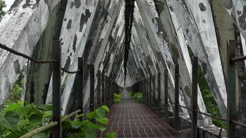 Perspective view of a weathered concrete bridge walkway Видео 337928559