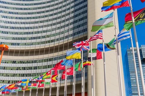 Perspective View of World Flags at Vienna UN Headquarters Stock Photos
