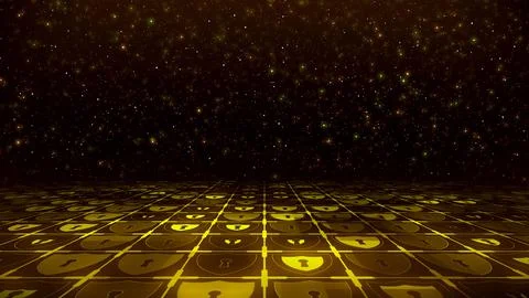 Perspective View Yellow Shine Cyber Security Floor Grid Shield Lock Glitter Star Stock Illustration