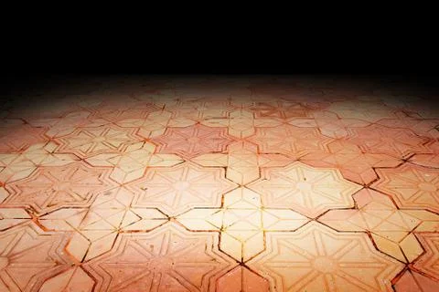 Perspective vintage pattern stone floor fade to black background, Template Mo 스톡 사진