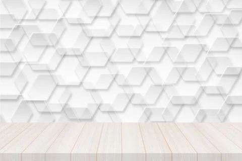 Perspective white wood table top with hexagonal banner with transparency Stock Illustration