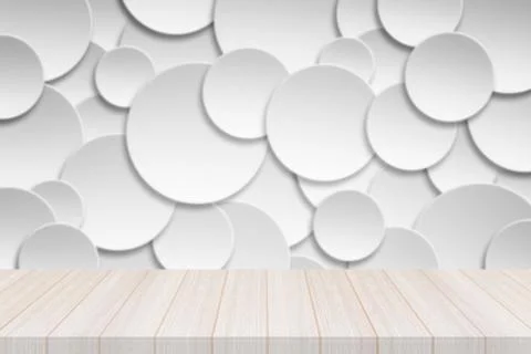 Perspective white wood table top with Paper circle banner with drop shadows Stock Illustration
