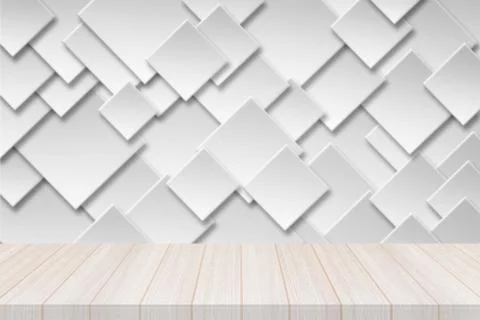 Perspective white wood table top with Paper square banner with drop shadows Stock Illustration