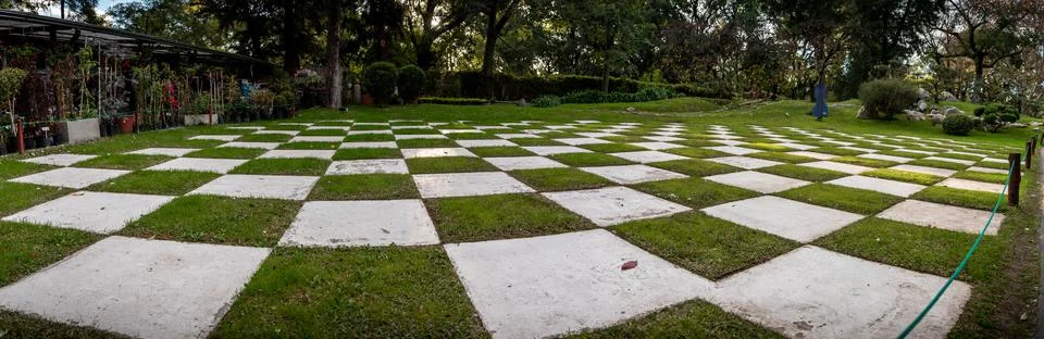 Perspective wide angle view of grid garden with grass and Quad White Tiles Stock Photos