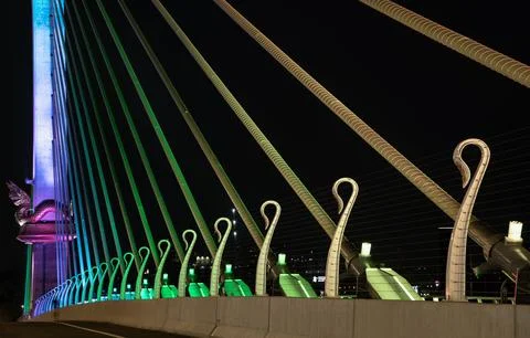 Perspective of Wire rope sling with Glow lights colors on Cable-stayed bridge Stock Photos