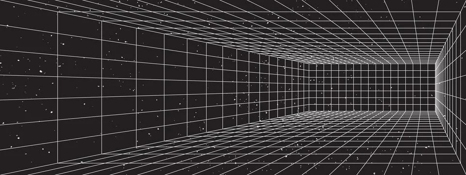 Perspective wireframe grid box room on dark background. Abstract 3D digital.. Stock Illustration