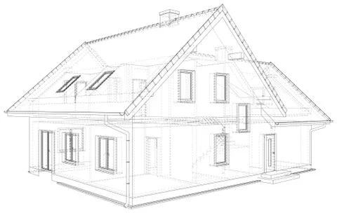 Perspective wireframe of house exterior. Vector created of 3d. Stock Illustration