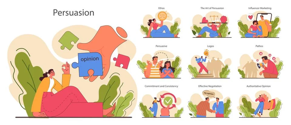 Persuasion set. Soft skill, the ability to convince people. Cognitive influence Stock Illustration