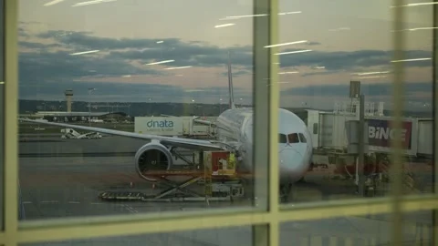 Perth airport passengers reflection and Qantas plane 6K Video stock 313798406